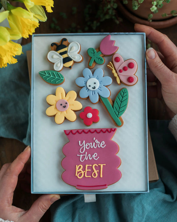 Honeywell Bakes Large Happy Biscuit Bloom Gift - Decorative cookies in a box with floral and insect designs, held by hands.