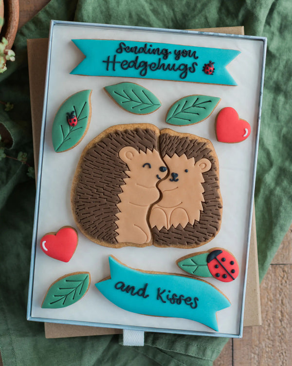 Honeywell Bakes Large Hedgehugs Biscuit Gift - Hedgehog biscuit set with text 'Sending you Hedgehugs and Kisses' on a green background.