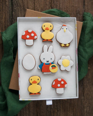 Honeywell Bakes Large Miffy Spring Biscuit Gift Set - Set of colourful biscuits featuring animals and nature-themed designs in a box.