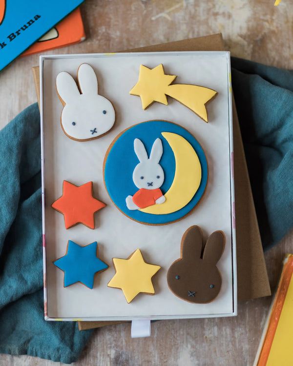 Honeywell Bakes Large Miffy's Dream Biscuit Gift Set - Set of children's biscuits with rabbit designs in a box on a wooden surface.