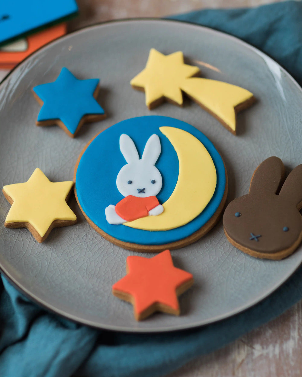 Honeywell Bakes Large Miffy's Dream Biscuit Gift Set - Set of children's biscuits with rabbit designs in a box on a wooden surface.