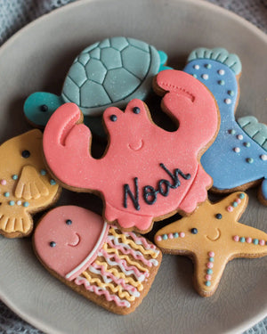 Honeywell Bakes Large Under The Sea Biscuit Gift - Colourful sea-themed cookies on a plate with 'Noah' written on a pink cookie.