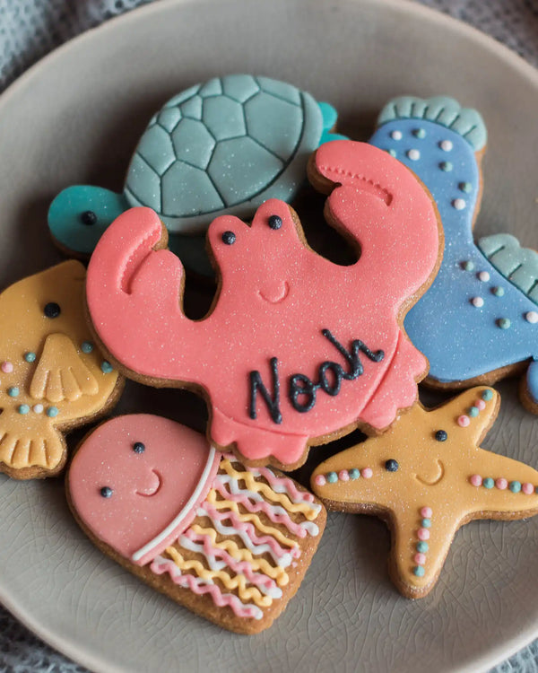 Honeywell Bakes Large Under The Sea Biscuit Gift - Colourful sea-themed cookies on a plate with 'Noah' written on a pink cookie.