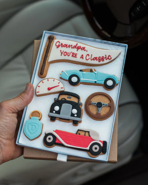 Honeywell Bakes Large You’re A Classic Biscuit Gift - Vintage car-themed cookies and 'Grandpa, You're a Classic' text.
