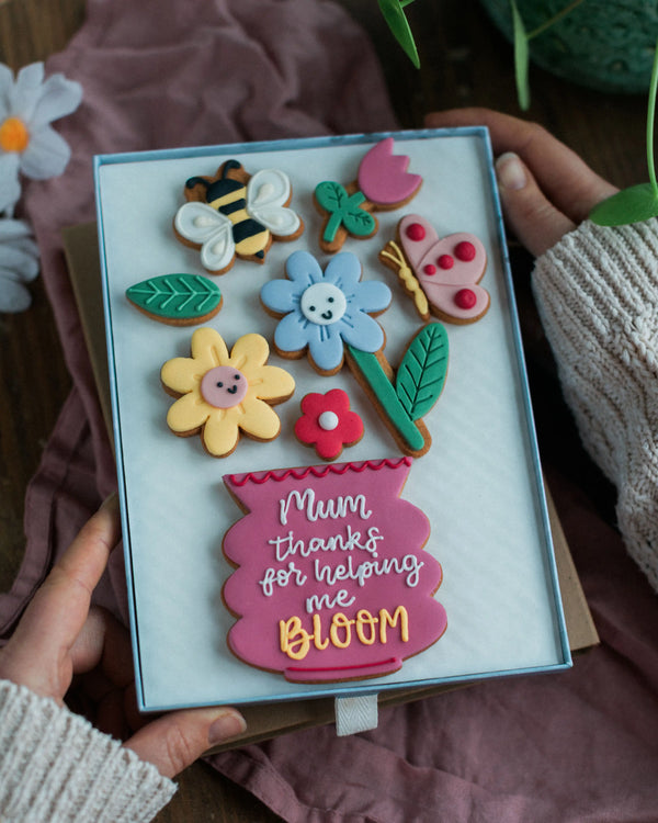 Honeywell Bakes Large Happy Biscuit Bloom Gift - Decorative cookie set with floral and insect designs in a box, held by a person.