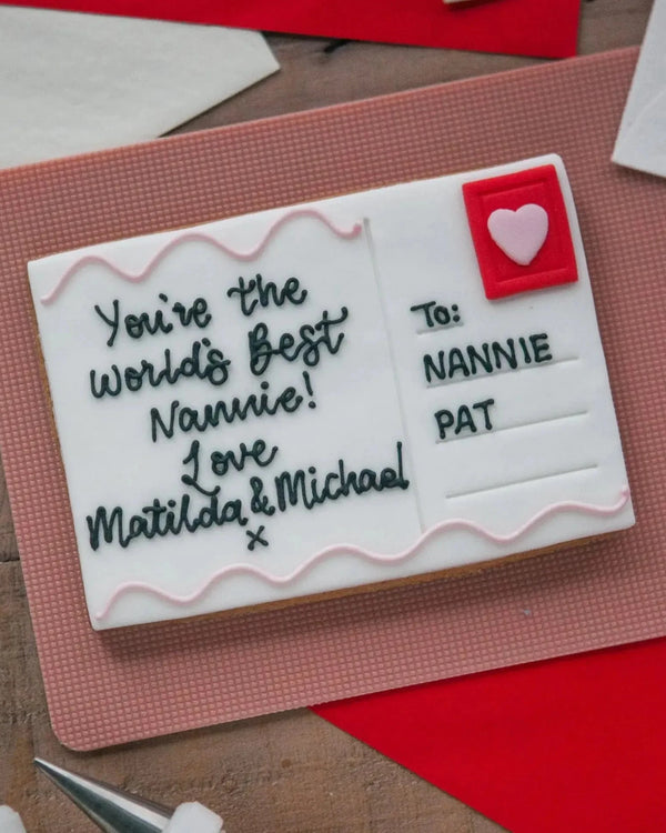 Honeywell Bakes Love Postcard Biscuit - Edible postcard biscuit with personalised hand iced message