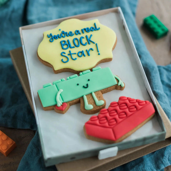 Honeywell Bakes - Love You To Pieces Biscuit Gift - Brightly coloured hand iced building block biscuits with a personalised message