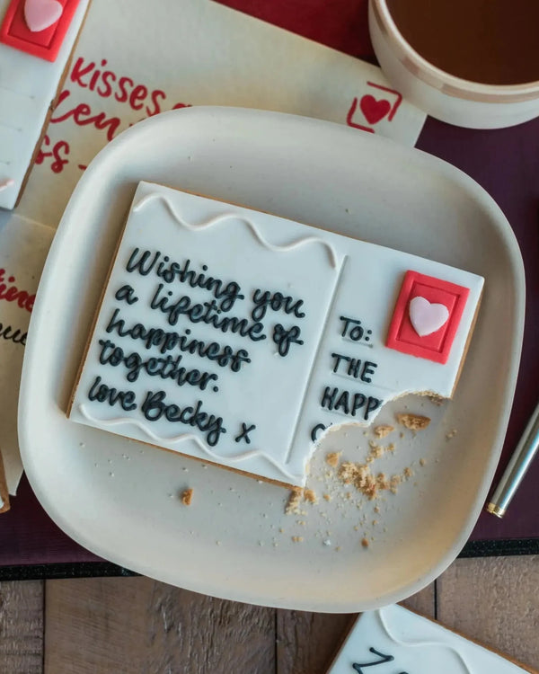 Honeywell Bakes Love Postcard Biscuit - Edible postcard biscuit with personalised hand iced message
