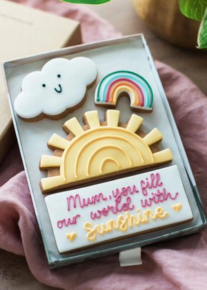 Honeywell Bakes - Medium You Fill Our World With Sunshine Biscuit Gift - Pretty cookies decorated like a sunshine, rainbow and cloud with a personalised message