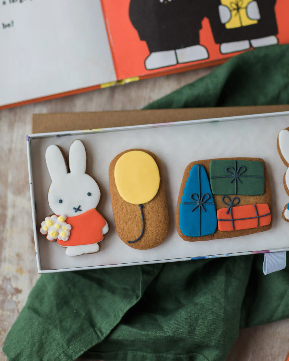 Honeywell Bakes Miffy Birthday Biscuit Gift Set - Decorative cookies shaped like a rabbit, balloon, and gift boxes in a box.