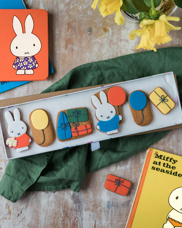 Honeywell Bakes Miffy Birthday Biscuit Gift Set - Decorative cookies shaped like a rabbit, balloon, and gift boxes in a box.