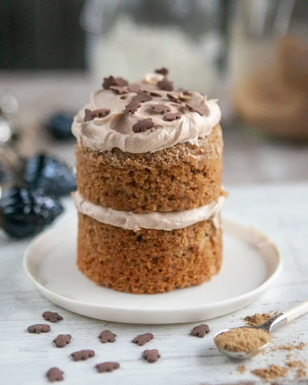 Honeywell Bakes Mini Gingerbread Cake Kit - Two-layer gingerbread cake with buttercream and sprinkles on a white plate.