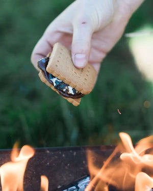 Honeywell Bakes Mini S’mores Kit - Hand holding a s'more over a campfire with a blurred natural background
