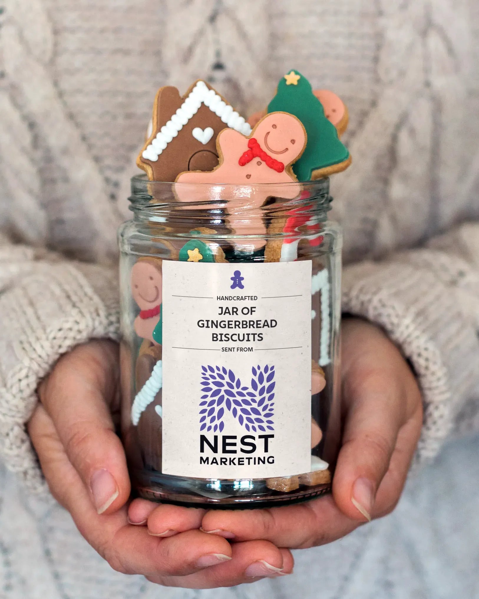Honeywell Bakes Branded Gingerbread Biscuit Jar, festive hand iced Christmas biscuits in a jar with branded logo packaging for Nest Marketing