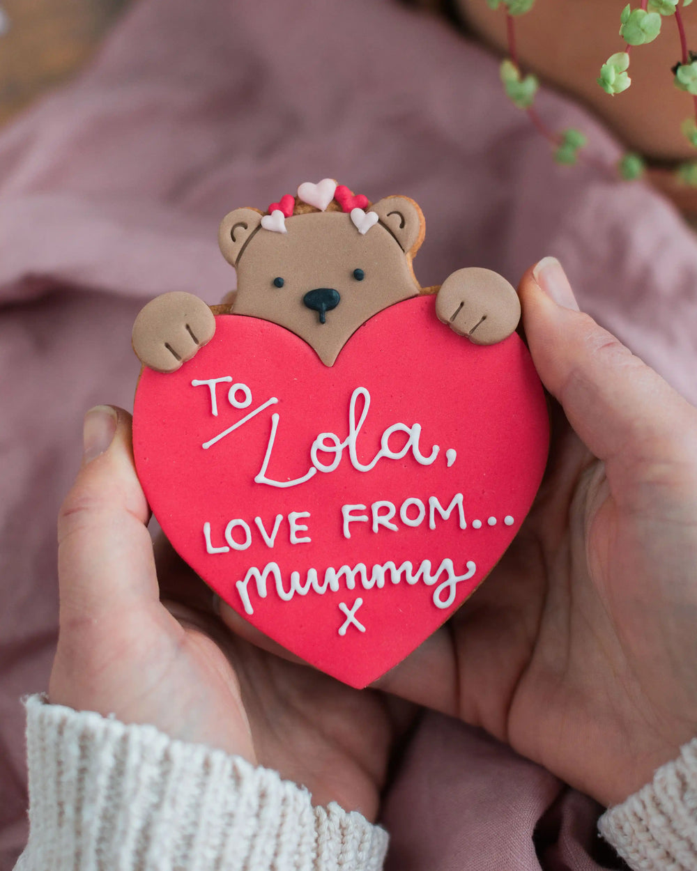 Honeywell Bakes Personalised Bear Hug Biscuit - large biscuit bear holding a heart with ‘Sending you a bear hug’ text.