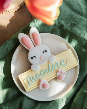 Honeywell Bakes Personalised Bunny Biscuit - Decorative cookie shaped like a rabbit with a nameplate on a green surface
