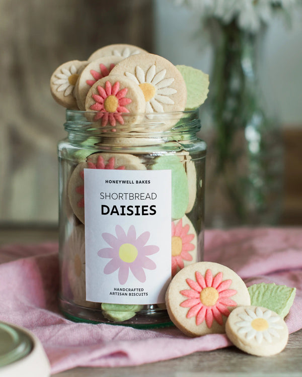 Honeywell Bakes Personalised Jar of Shortbread Daisies - Jar of cookies on a pink cloth