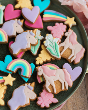 Honeywell Bakes Personalised Jar of Unicorn Biscuits - Colourful unicorn and rainbow cookies on a plate