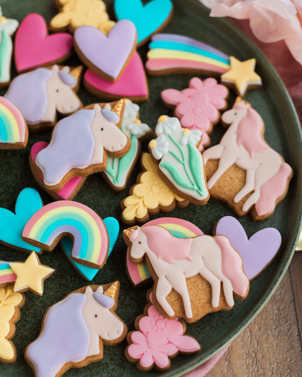 Honeywell Bakes Personalised Jar of Unicorn Biscuits - Colourful unicorn and rainbow cookies on a plate
