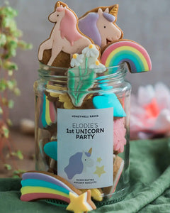 Honeywell Bakes Personalised Jar of Unicorn Biscuits - Jar of unicorn-themed cookies with a personalised label on a soft focus background