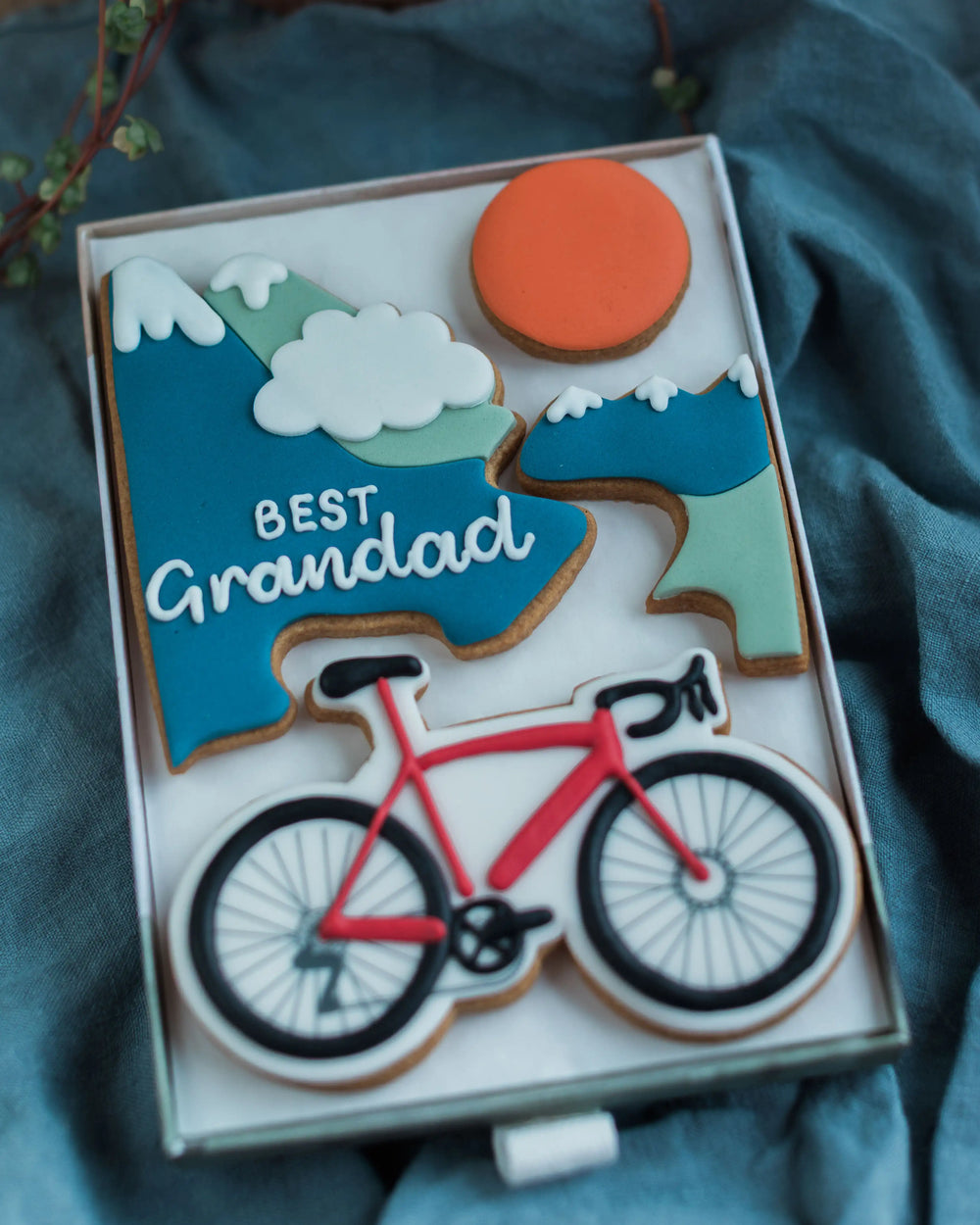 Honeywell Bakes Personalised Medium Bicycle Biscuit Gift - Biscuit with 'Best Grandad' text and bicycle design on a blue background