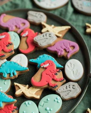 Honeywell Bakes Personalised Jar of Dinosaur Biscuits - Dinosaur-themed cookies on a plate with a green background