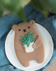 Honeywell Bakes Plant Biscuit Bear - Bear-shaped cookie holding a small plant on a white plate with a blue cloth background
