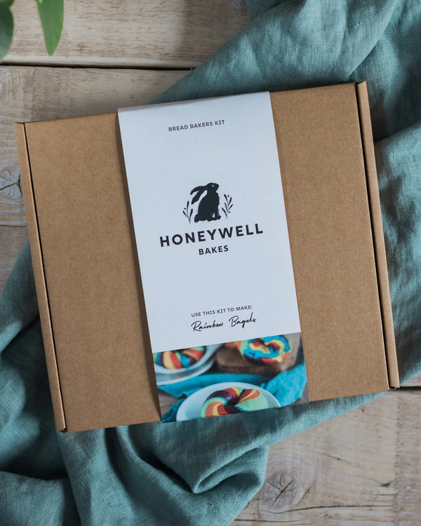 Honeywell Bakes Rainbow Bagel Bread Kit packaging box with information bellyband