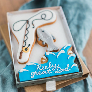 Fishing gift - you're reely great pun biscuit gift for Father's Day