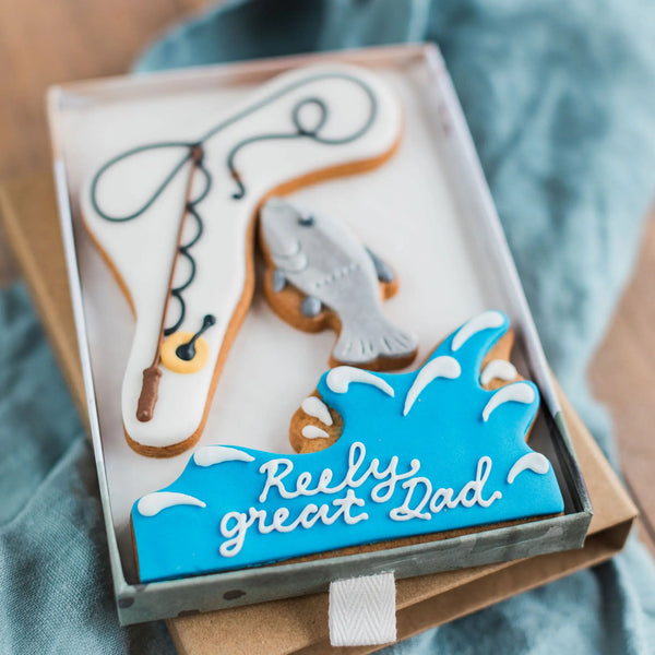 Fishing gift - you're reely great pun biscuit gift for Father's Day