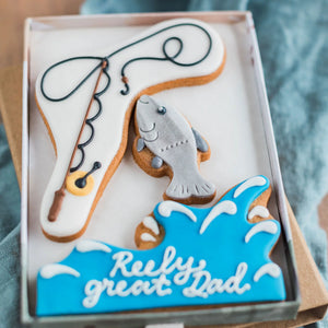 Fishing gift - you're reely great pun biscuit gift for Father's Day