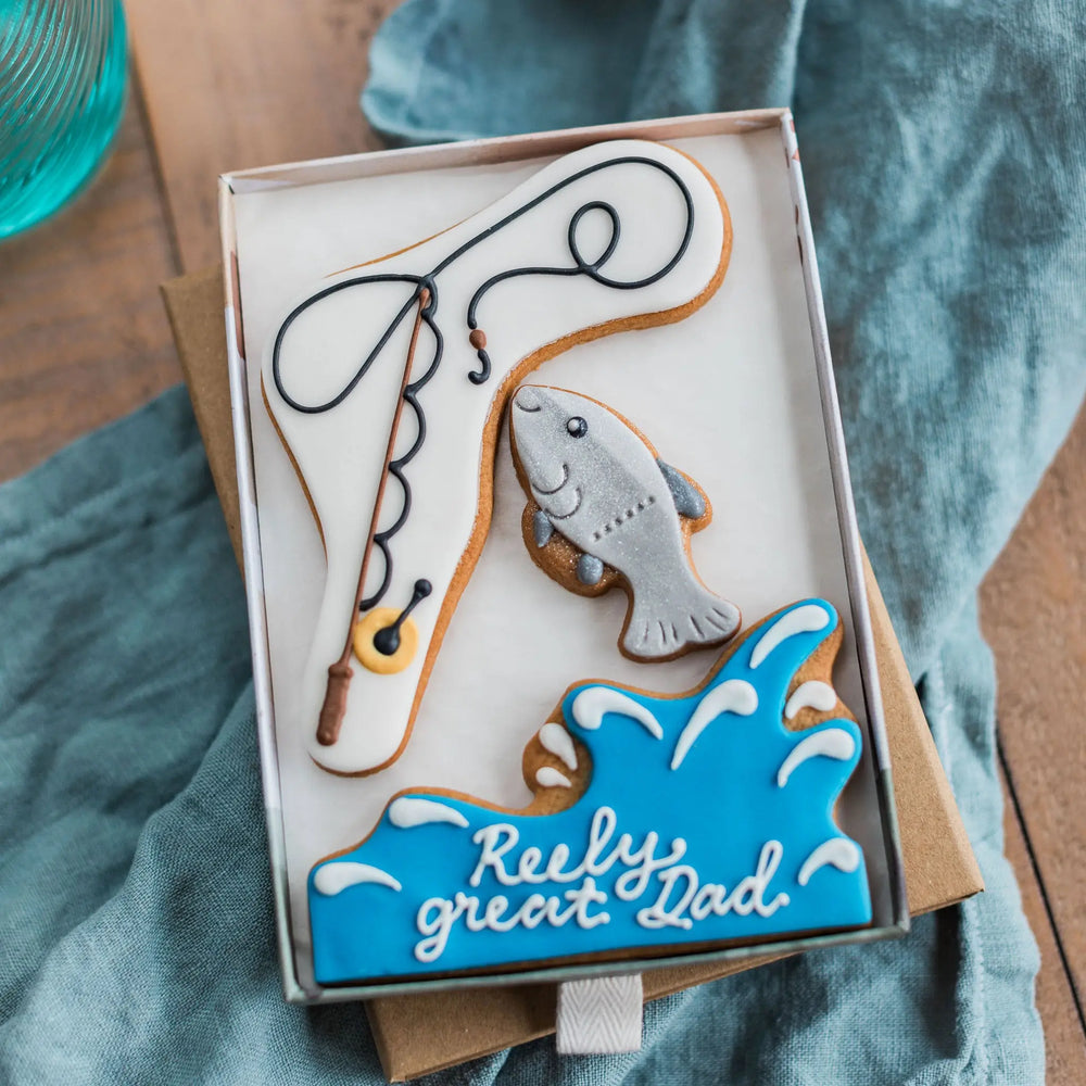 Fishing gift - you're reely great pun biscuit gift for Father's Day