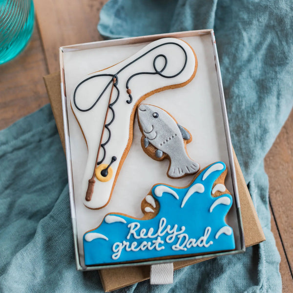 Fishing gift - you're reely great pun biscuit gift for Father's Day