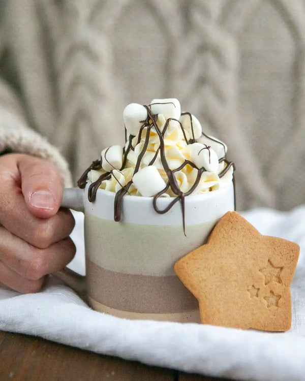 Honeywell Bakes Stoneware Mug - Oatmeal & White - A close-up of a hand holding a white ceramic mug filled with layered beige and light brown drinks, topped with whipped cream, marshmallows, and chocolate drizzle, with a star-shaped cookie resting beside it on a white cloth.