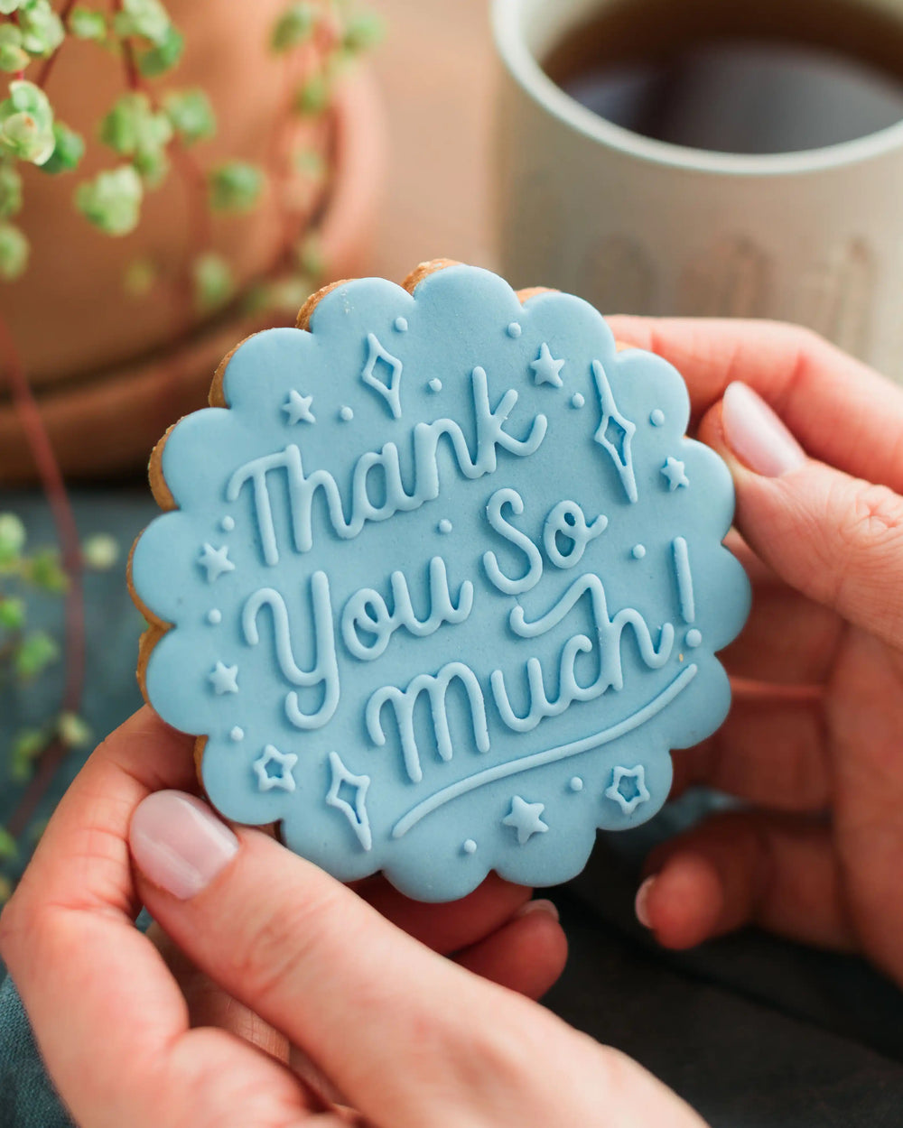 Honeywell Bakes Thank You So Much Biscuit - hands holding a light blue biscuit, embossed with a ‘Thank You So Much!’ design.