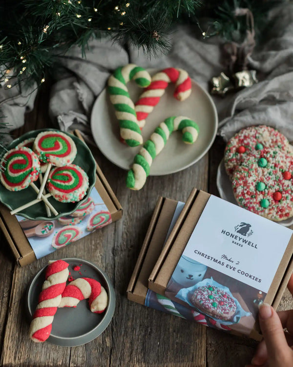 The Christmas Elf Baking Kit Collection - a trio of baking kits including candy cane biscuits, swirly red and green biscuit pops and red and green festive sprinkle cookies