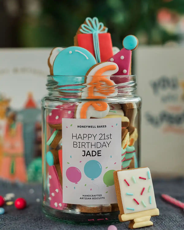 Honeywell Bakes The Happy Birthday Biscuit Jar - Decorative cookies in a jar with a personalised label for a 21st birthday gift.