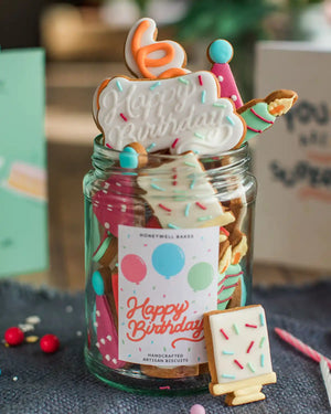 Honeywell Bakes The Happy Birthday Biscuit Jar - Decorative jar with birthday-themed cookies and a 'Happy Birthday' tag.
