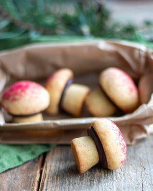 The Woodland Baking Kit Collection - Small cookies shaped like mushrooms, with tan cookie bodies, dark chocolate stems, and red sprinkles on the caps, displayed on a rustic wooden table with a brown paper bag in the background.