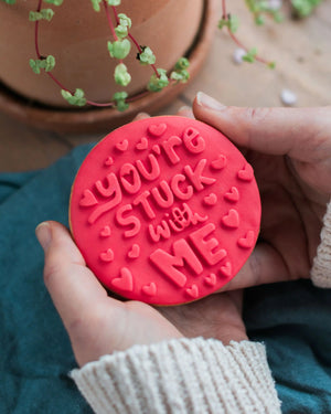 Honeywell Bakes You’re Stuck With Me Biscuit - large circle biscuit embossed with love hearts and ‘you’re stuck with me’ text