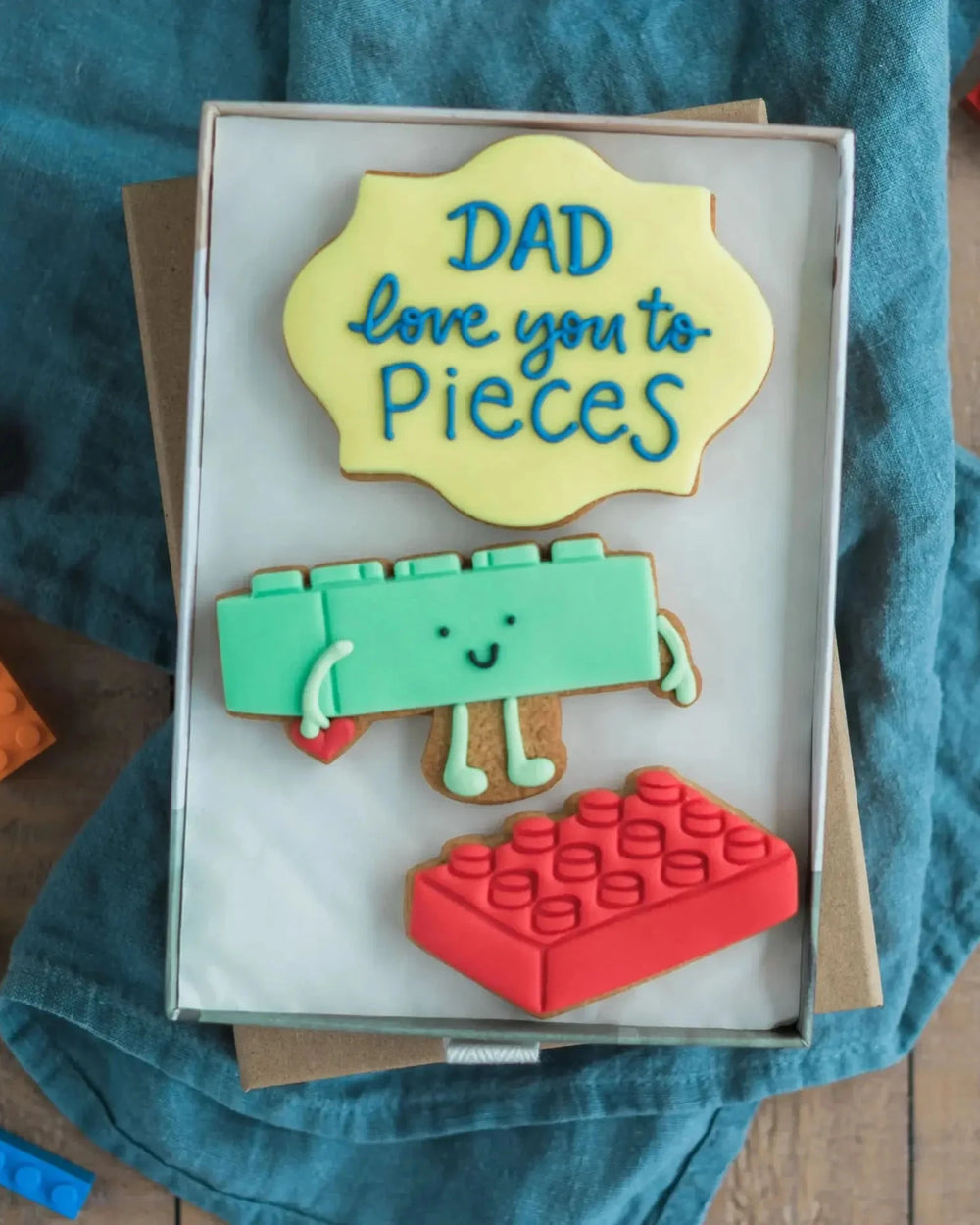Honeywell Bakes - Love You To Pieces Biscuit Gift - Brightly coloured hand iced building block biscuits with a personalised message